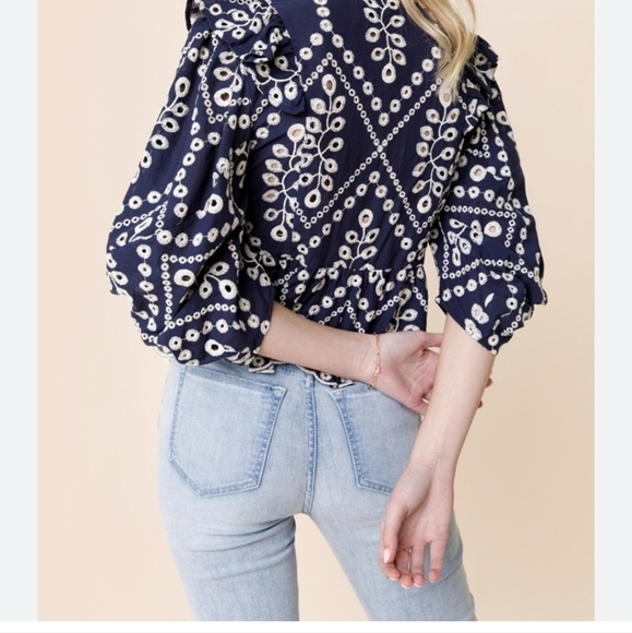 Eylet enbroidery blue rain ruffle top. Blue‎ and white XS. Balloon sleeve… - Picture 2 of 11